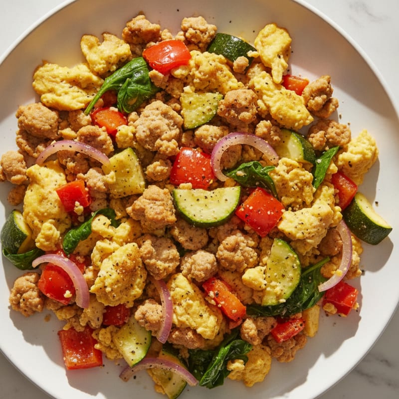 Hearty Scrambled Eggs with Roasted Vegetables