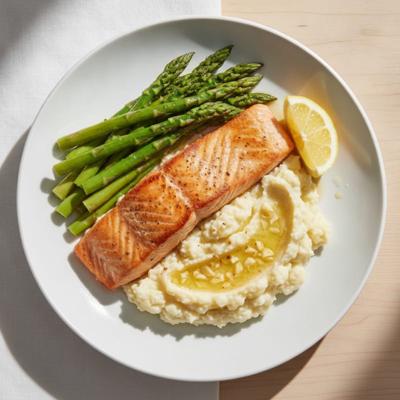 Seared Salmon with Steamed Asparagus and Cauliflower Mash