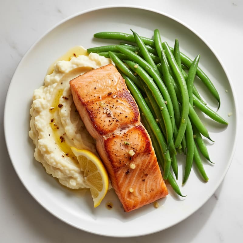 Seared Salmon with Steamed Green Beans and Garlic Mashed Cauliflower