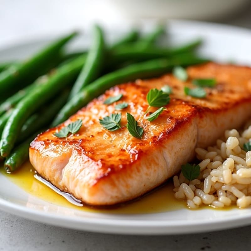 Seared Salmon Fillet with Garlic Green Beans and Brown Rice