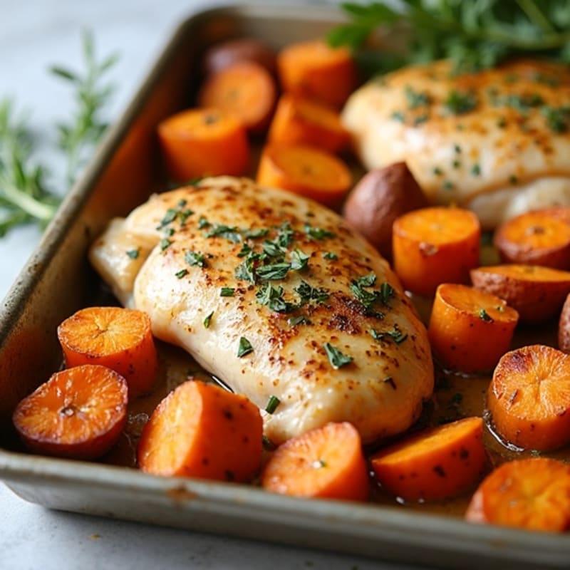 Sheet Pan Garlic-Herb Chicken with Roasted Sweet Potatoes