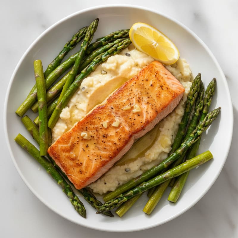 Seared Salmon with Roasted Asparagus and Cauliflower Mash