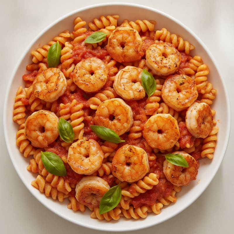 Seared Shrimp and Chickpea Pasta with Tomato Basil Sauce