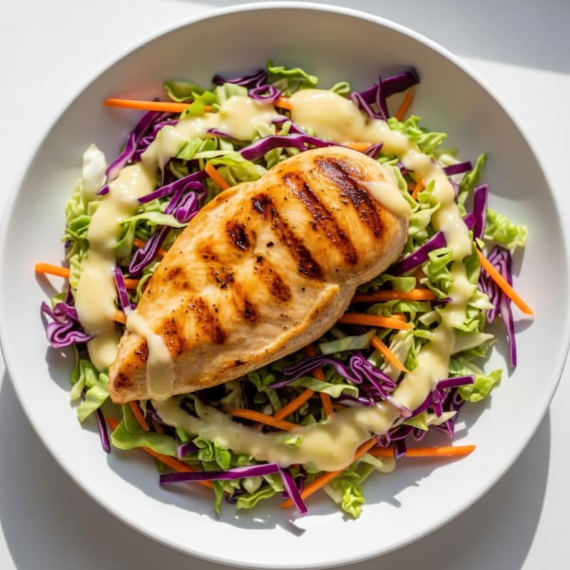 Grilled Chicken Breast with Crunchy Cabbage Slaw and Lemon Yogurt Dressing