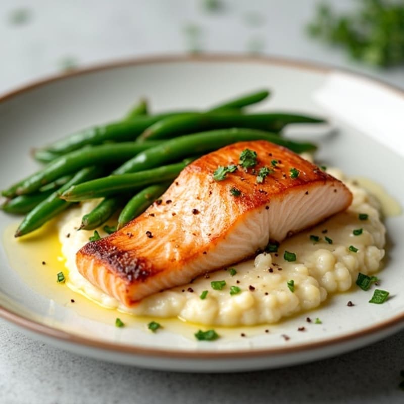 Seared Salmon with Garlic Green Beans and Cauliflower Mash
