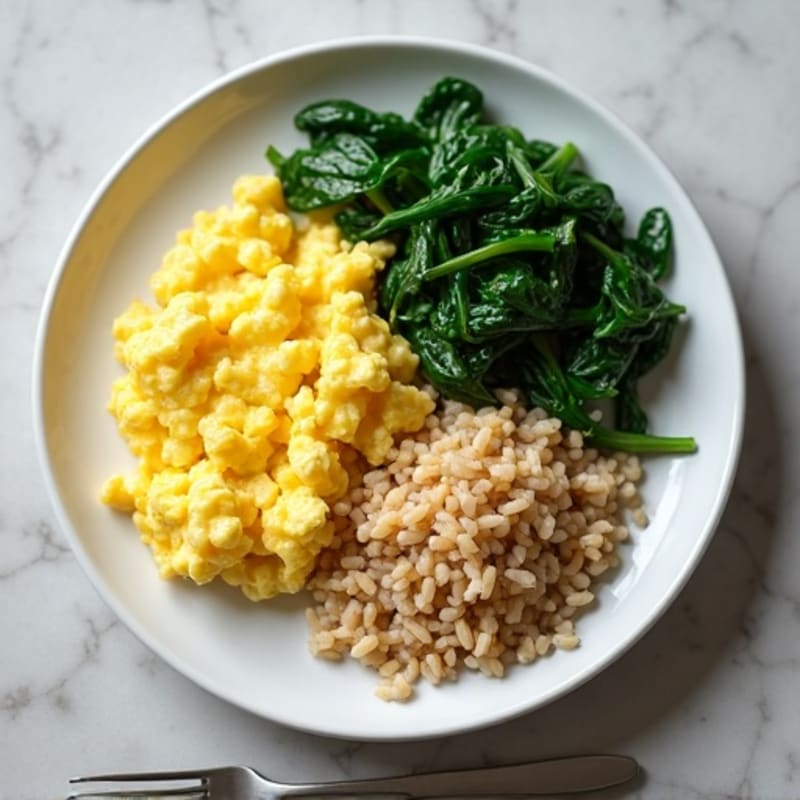 Soft Scrambled Eggs with Sautéed Spinach and Brown Rice