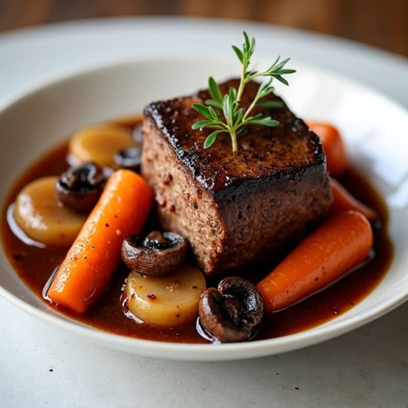 Tender Braised Beef with Red Wine Mushrooms and Carrots