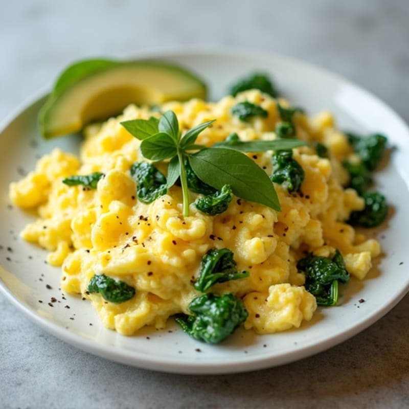 Creamy Scrambled Eggs with Fresh Spinach and Avocado