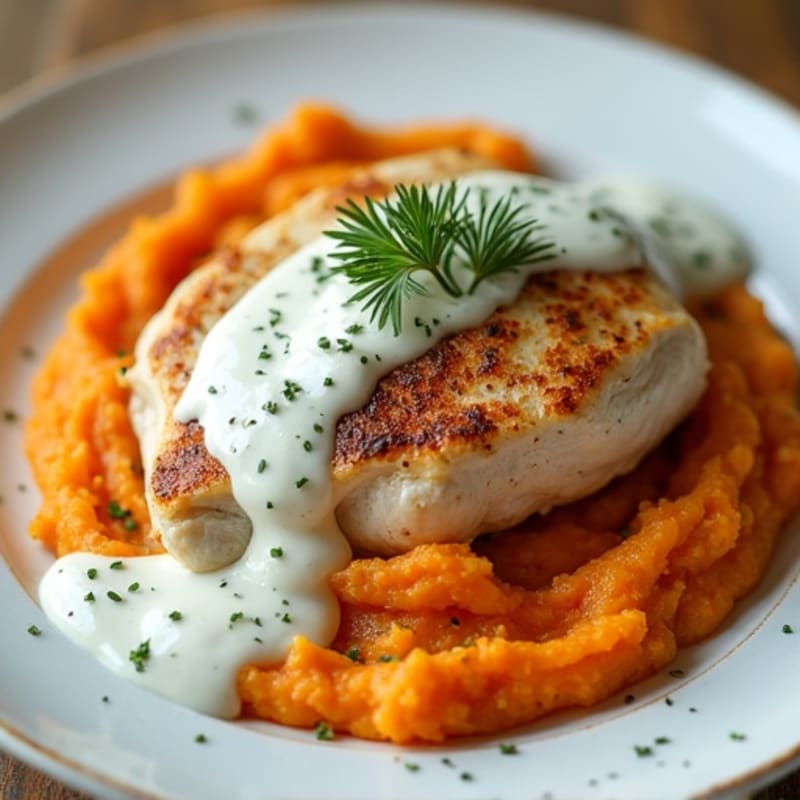 Creamy Greek Yogurt Chicken with Sweet Potato Mash