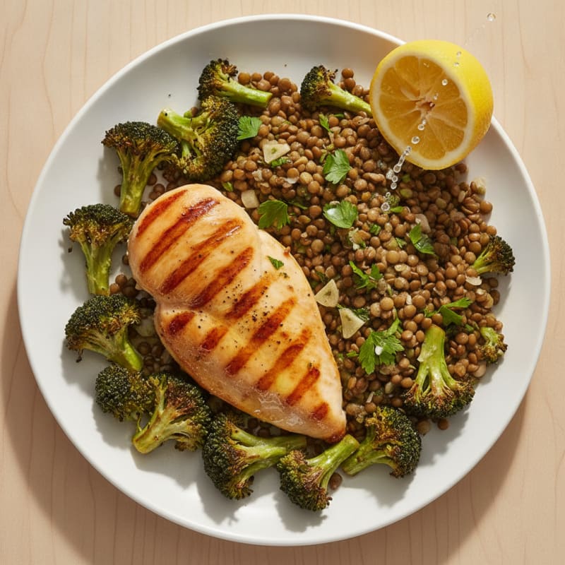 Grilled Chicken Breast with Roasted Broccoli and Lentil Salad