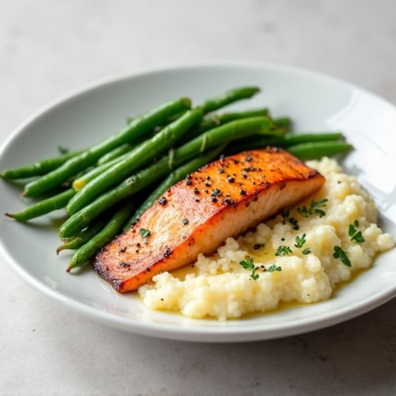 Seared Salmon with Sautéed Green Beans and Garlic Mashed Cauliflower