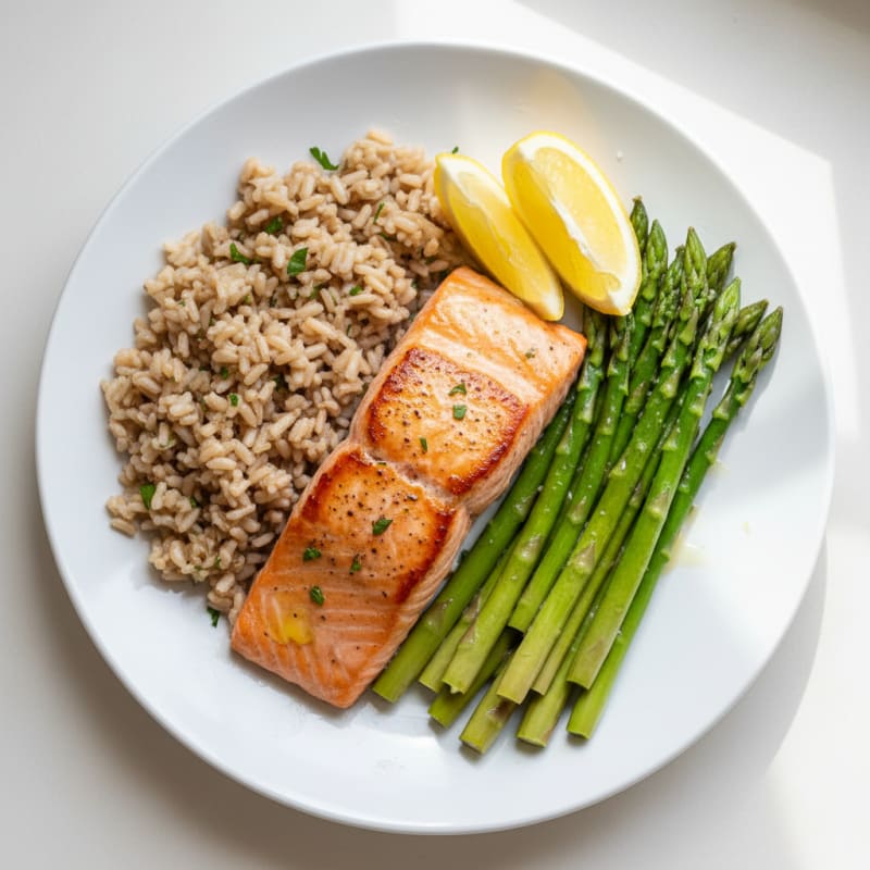 Seared Salmon with Steamed Asparagus and Brown Rice