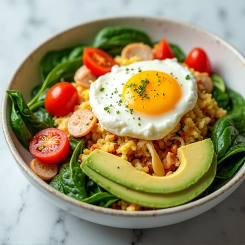 Egg White Veggie Scramble with Cottage Cheese and Sliced Turkey