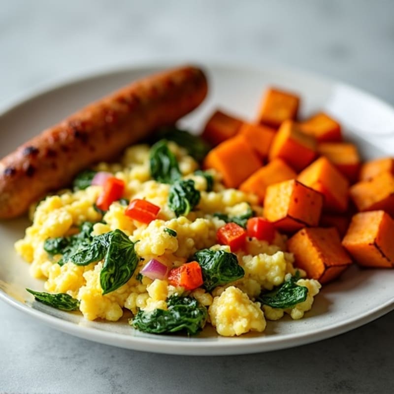 Healthy Egg and Veggie Scramble with Crispy Sweet Potatoes