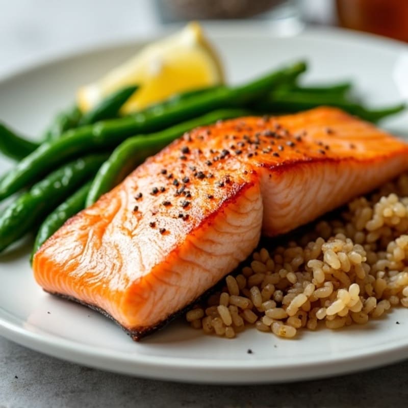 Seared Salmon with Steamed Green Beans and Brown Rice