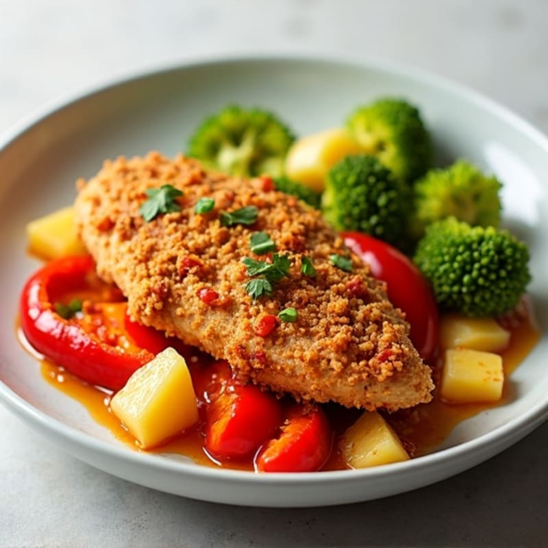 Crispy Baked Sweet & Sour Chicken with Roasted Bell Peppers and Pineapple