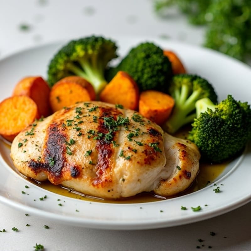 Herb-Roasted Chicken with Crispy Broccoli and Sweet Potatoes
