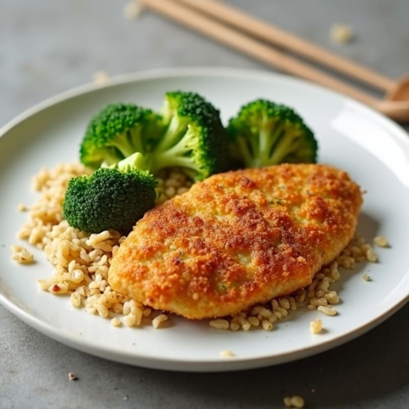 Crispy Chicken and Broccoli with Garlic Brown Rice