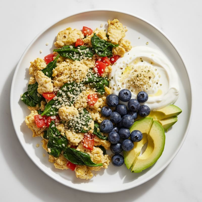 Egg White Veggie Scramble with Greek Yogurt and Fresh Berries