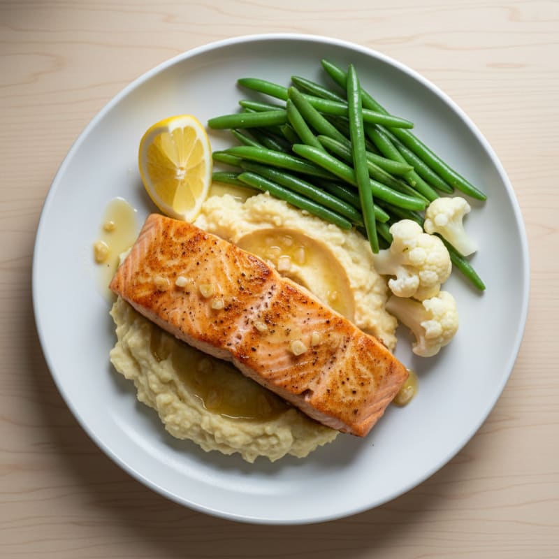 Seared Salmon with Steamed Green Beans and Cauliflower Mash