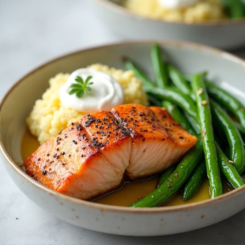 Seared Salmon with Garlic Green Beans and Cauliflower Mash