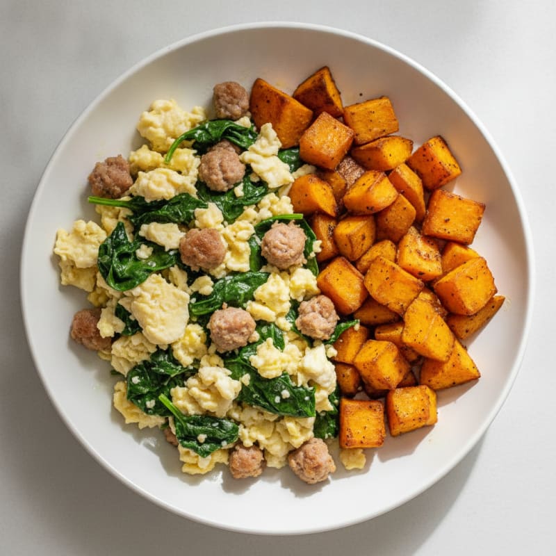 Egg White and Turkey Sausage Scramble with Spinach and Roasted Sweet Potatoes