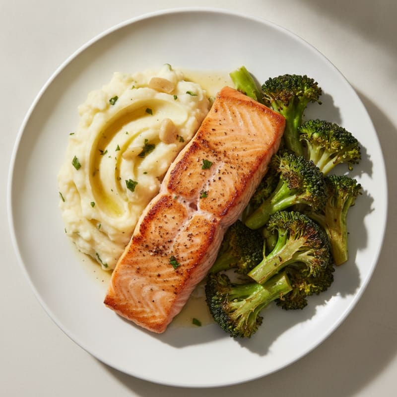 Seared Salmon with Roasted Broccoli and Garlic Mashed Potatoes