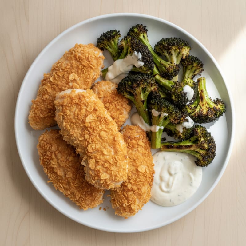 Cornflake Chicken Tenderloins with Roasted Broccoli