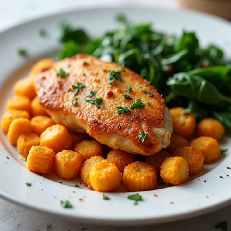 Crispy Sweet Potato Gnocchi with Sautéed Greens and Garlic Chicken