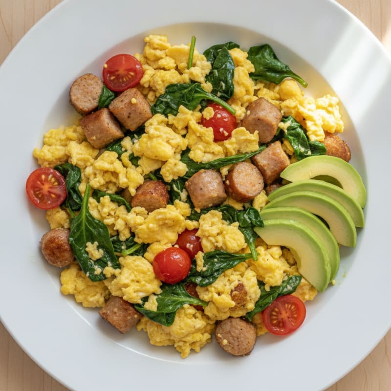 Chicken Sausage and Spinach Egg Scramble