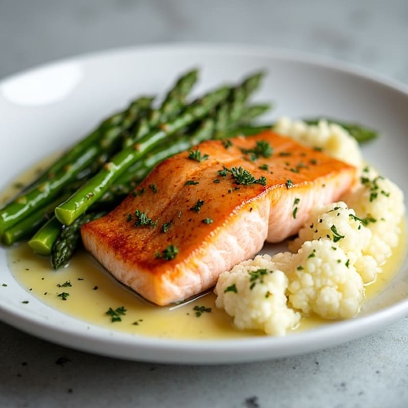 Seared Salmon with Roasted Asparagus and Cauliflower Mash