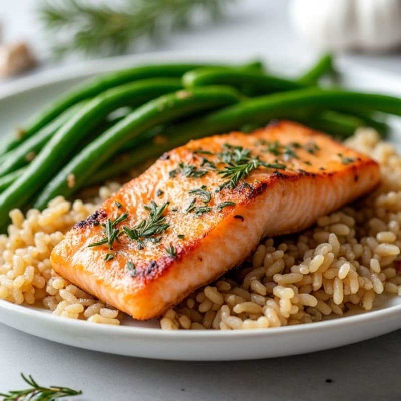 Herb-Roasted Salmon with Garlic Green Beans and Brown Rice