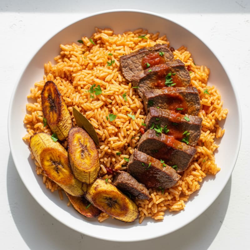 Jollof Rice with Beef and Plantains