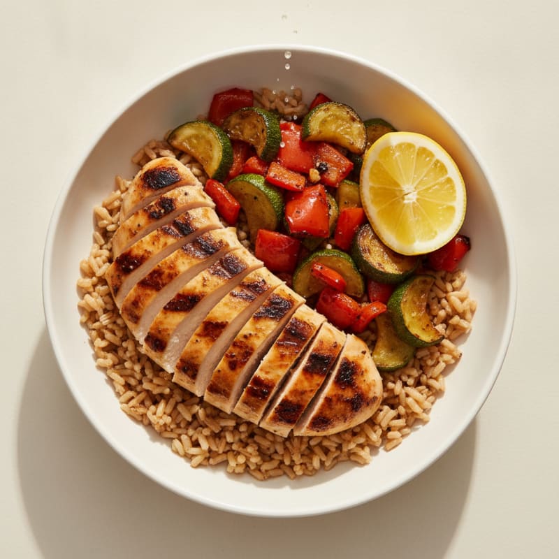 Grilled Chicken Rice Bowl with Roasted Vegetables
