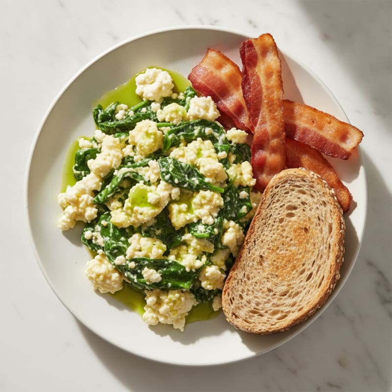 Creamy Cottage Cheese Scramble with Spinach and Turkey Bacon