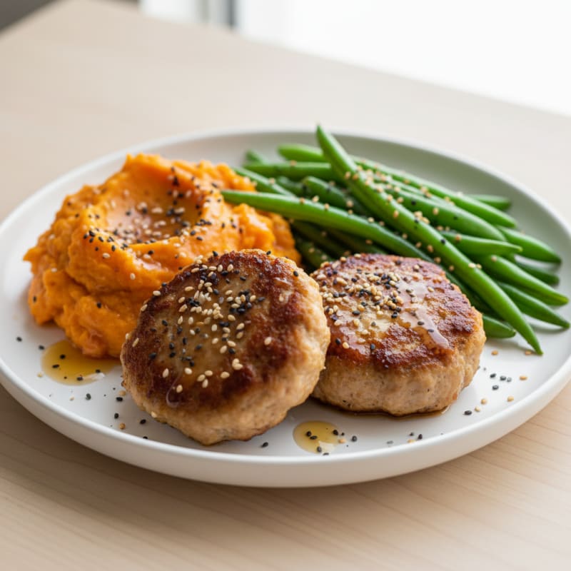 Seared Turkey Patties with Steamed Green Beans and Sweet Potato Mash