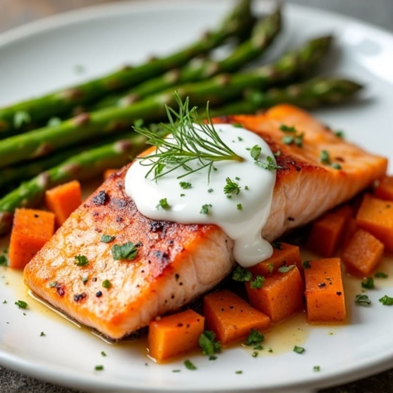 Seared Salmon with Roasted Sweet Potato and Asparagus
