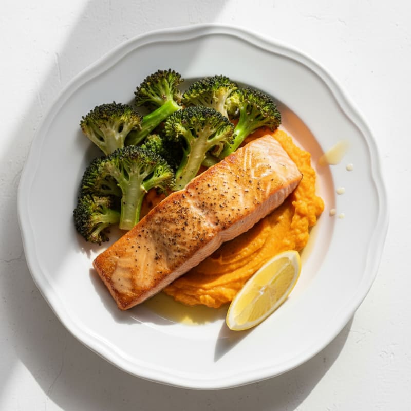 Seared Salmon with Roasted Broccoli and Sweet Potato Mash