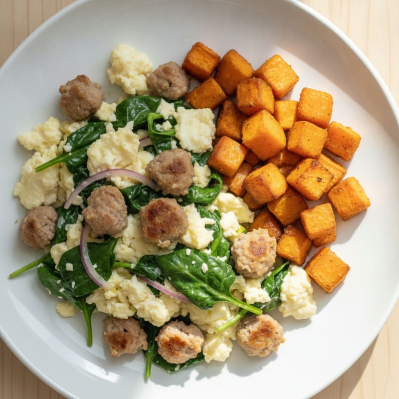Egg White and Turkey Sausage Scramble with Spinach and Roasted Sweet Potatoes