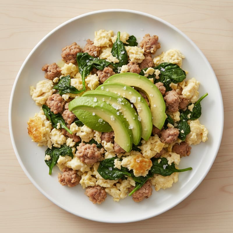 Egg White Scramble with Turkey Sausage and Sautéed Spinach