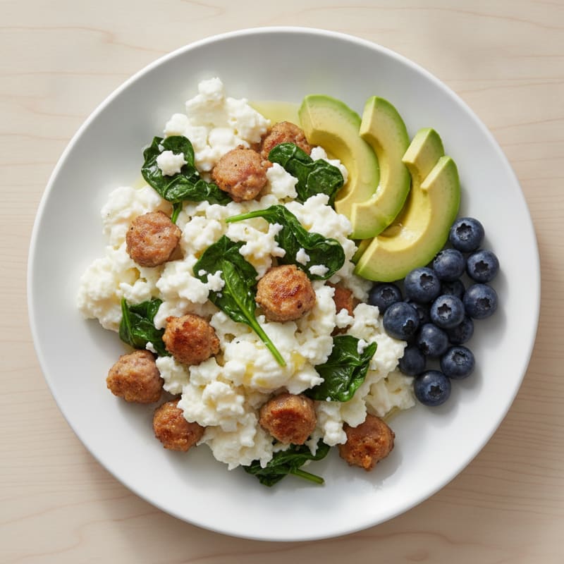 Scrambled Egg Whites with Turkey Sausage and Sautéed Spinach