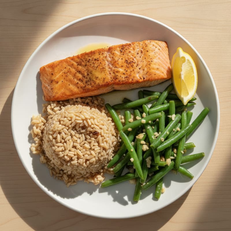 Seared Salmon Fillet with Garlic Green Beans and Brown Rice