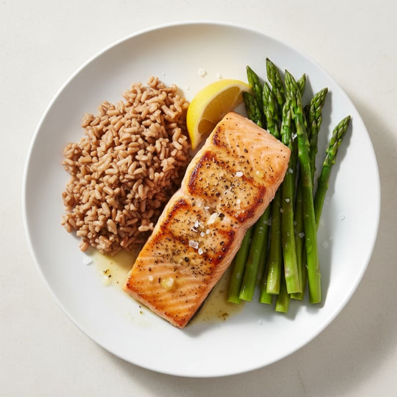 Seared Salmon Fillet with Steamed Asparagus and Brown Rice