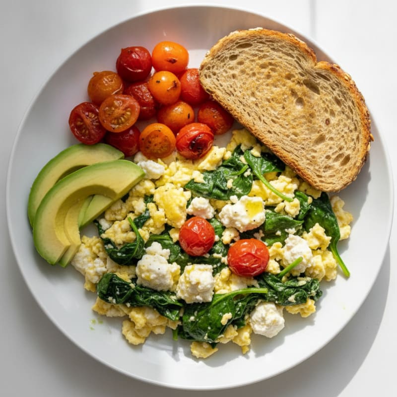 Egg White Spinach Scramble with Cottage Cheese and Cherry Tomatoes