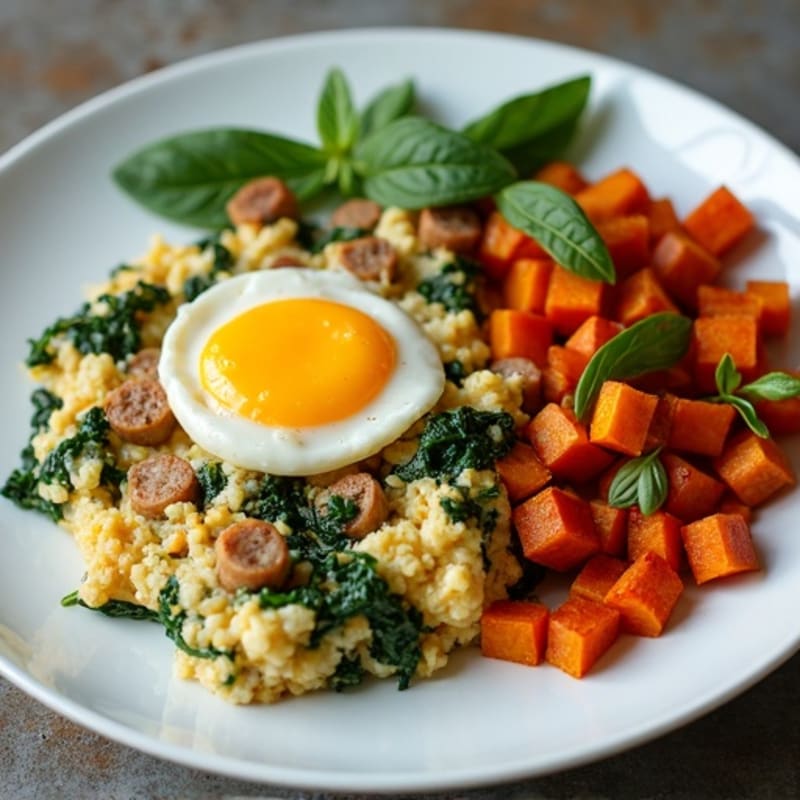 Egg White and Turkey Sausage Scramble with Spinach and Roasted Sweet Potatoes