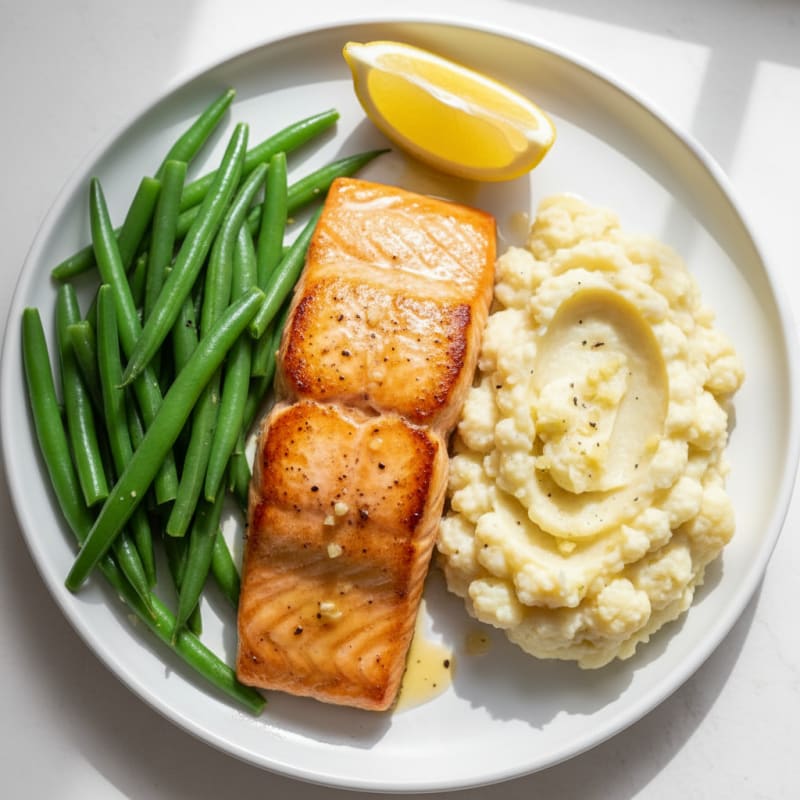 Seared Salmon with Steamed Green Beans and Garlic Mashed Cauliflower