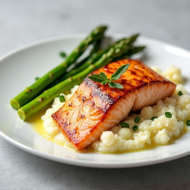 Seared Salmon with Steamed Asparagus and Cauliflower Mash