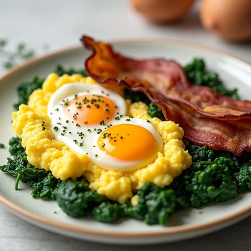 Fluffy Scrambled Eggs with Crispy Turkey Bacon and Sautéed Spinach