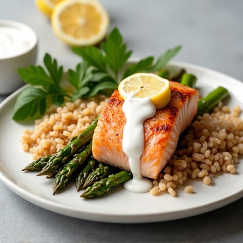 Seared Salmon Fillet with Roasted Asparagus and Brown Rice