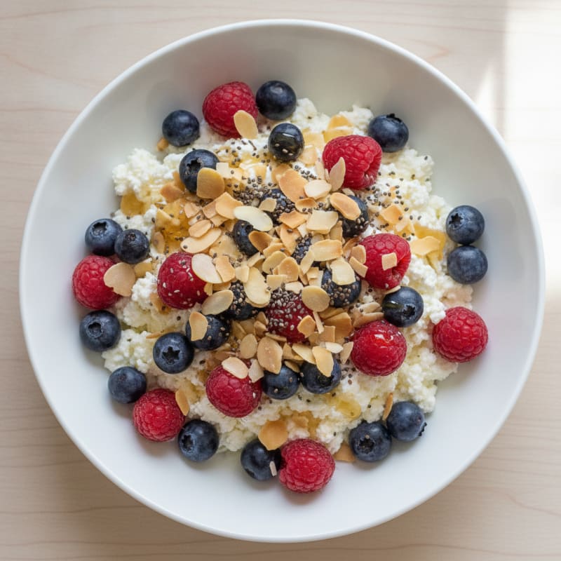 Cottage Cheese Berry Bowl with Chia and Almonds